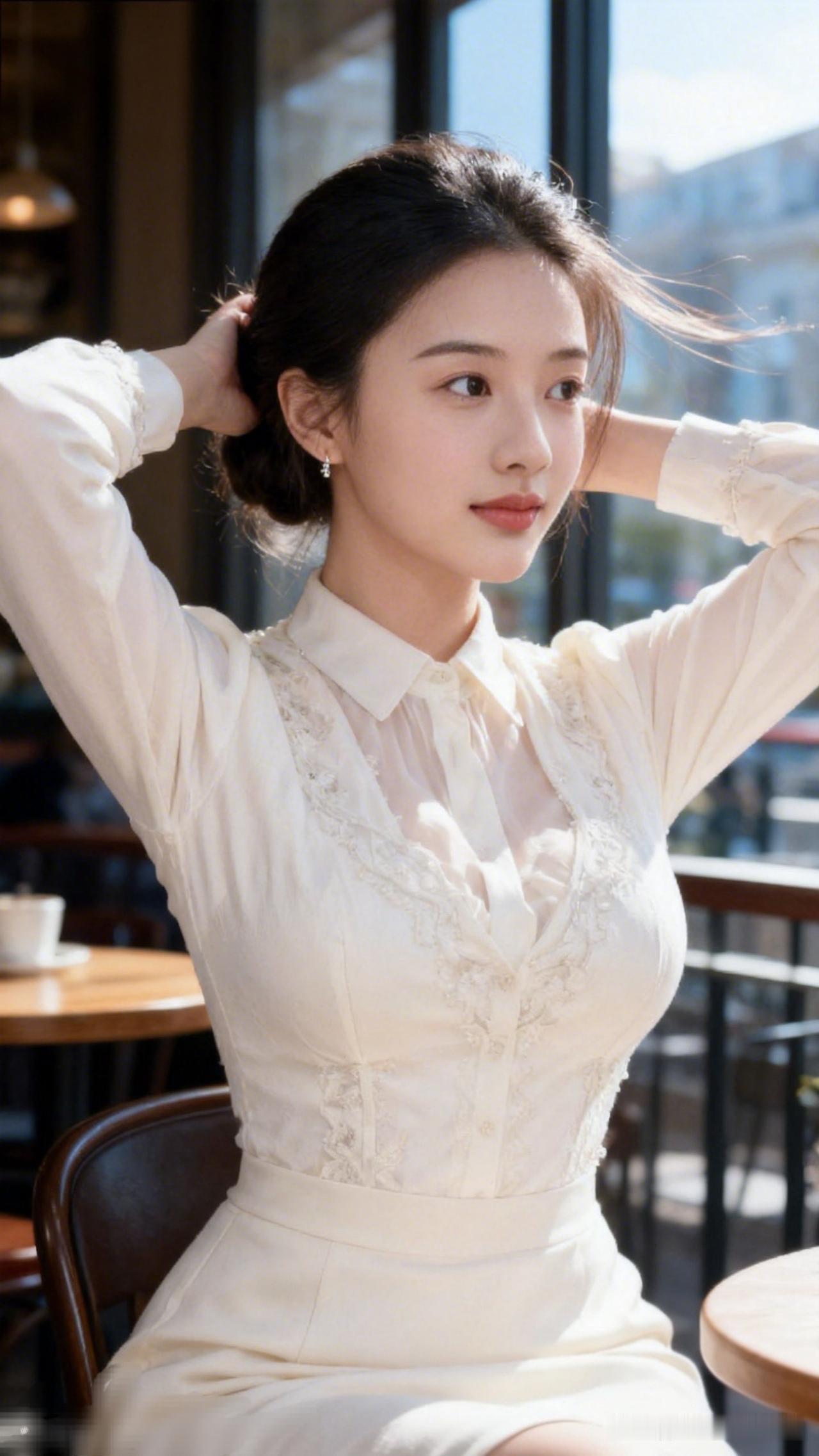 优雅复古风，白色蕾丝连衣裙，咖啡馆里的甜美时光