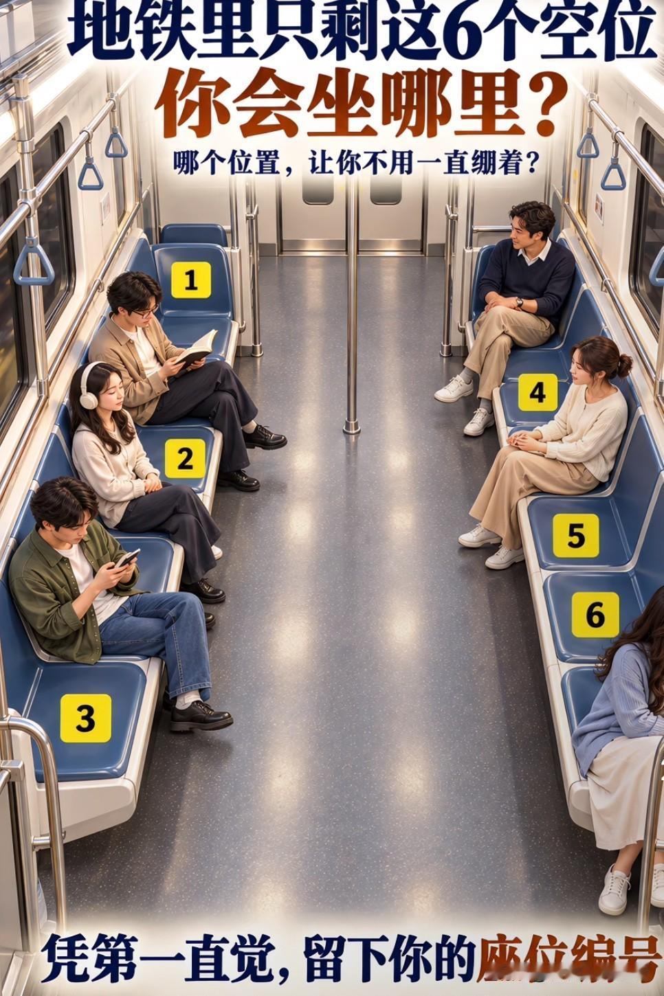 地铁里只剩6个空位，你会坐哪里？

我会选3号和1号，3号是首选，开门进去就坐方