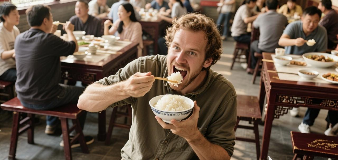 来店里吃饭的外国小伙马克，盯着我端上桌的一碗白米饭，眼睛都看直了，尝了一口后，直