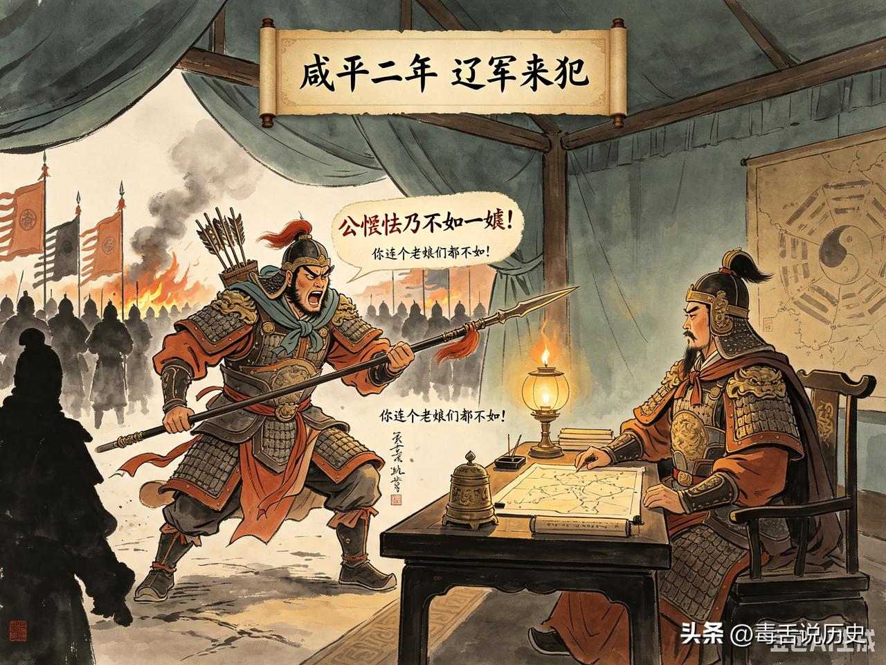 北宋咸平2年辽军来犯。一个叫范廷召的猛将冲进主帅傅潜的营中骂：“公恇怯乃不如一嫗