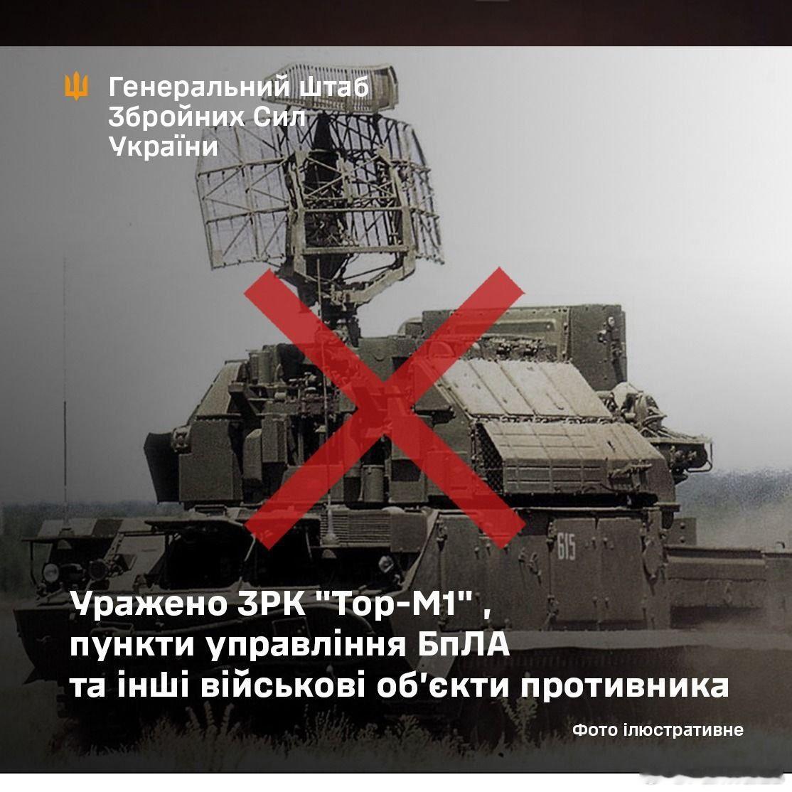 乌军战报Tor-M1 防空系统、无人机控制点和敌方其他军事设施遭到打击卢甘斯克，