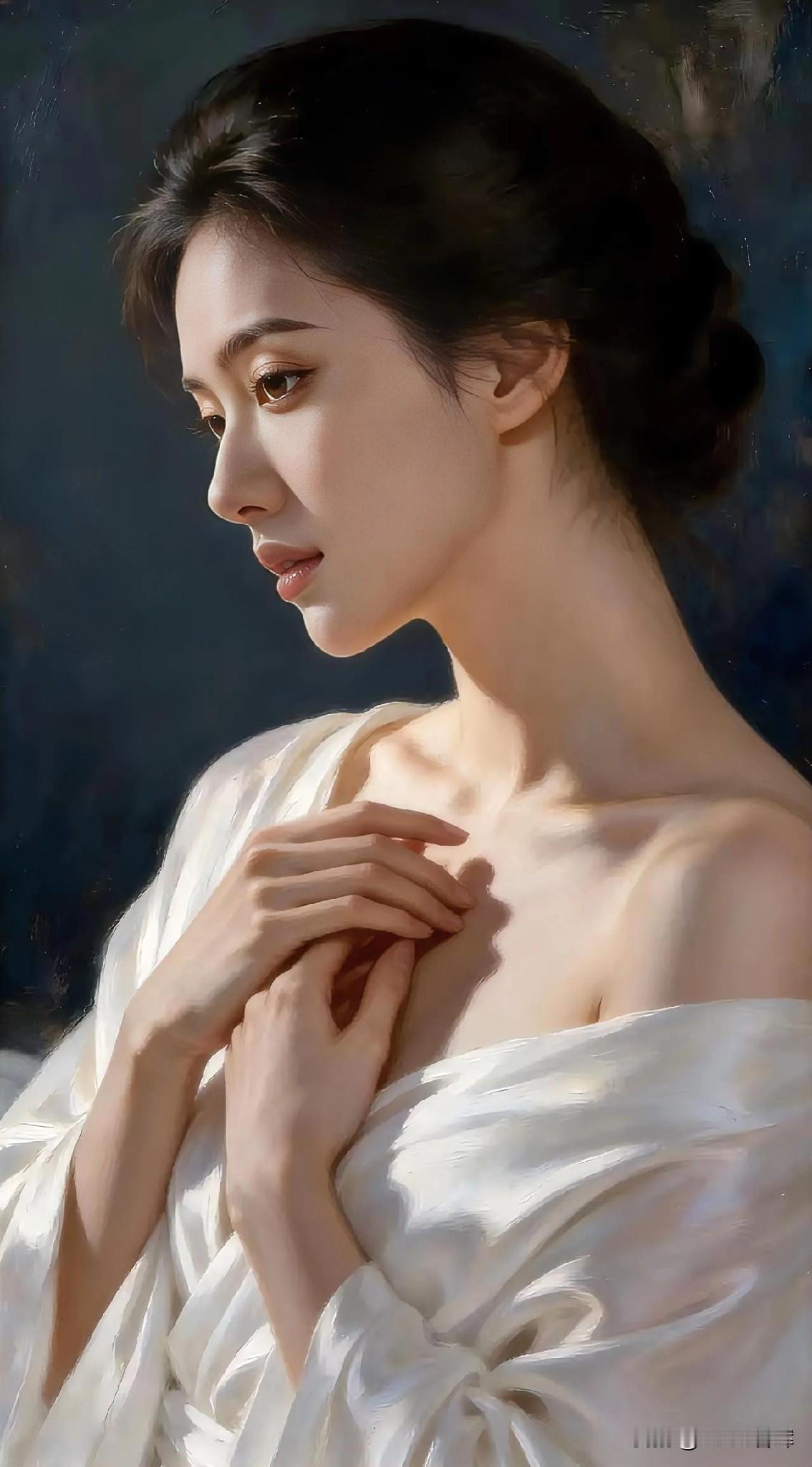 月光吻过肩头，白纱轻笼温柔。

发髻低挽，藏住未说的静默。

指尖轻触锁骨，光影