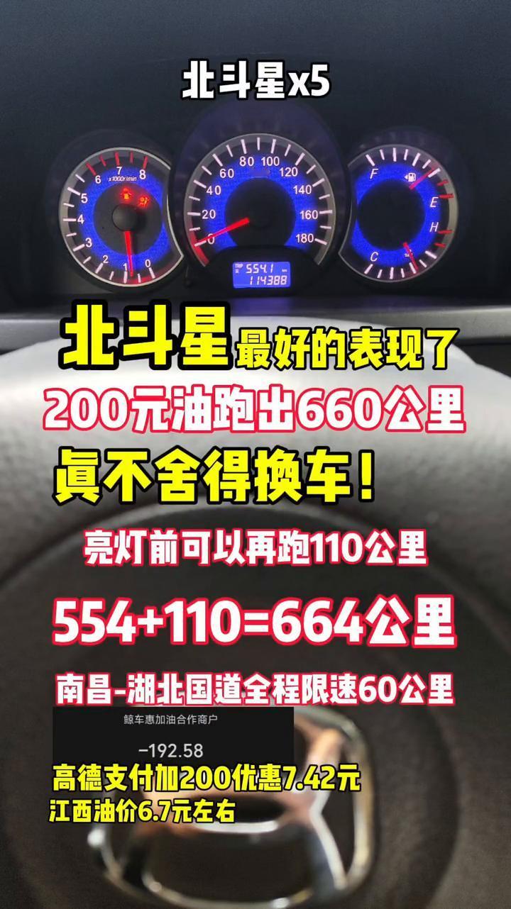 北斗星x5。
北斗星最好的表现了，200元油跑出660公里，真不舍得换车。亮灯前