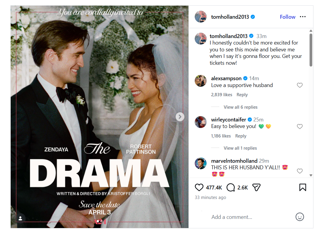 荷兰弟爱当绿帽奴 Tom Holland 在ig上大赞Zendaya 和 Rob