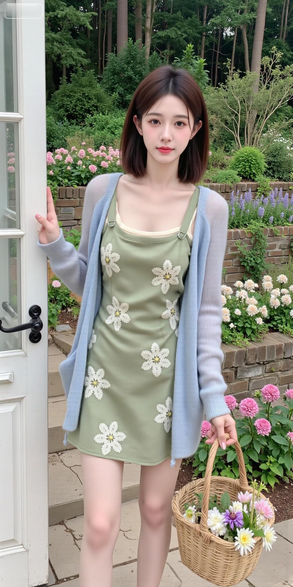 花园门边的清新甜妹好戳
 
薄荷绿碎花裙叠浅黄内搭，罩件淡蓝开衫，像把春日花园穿
