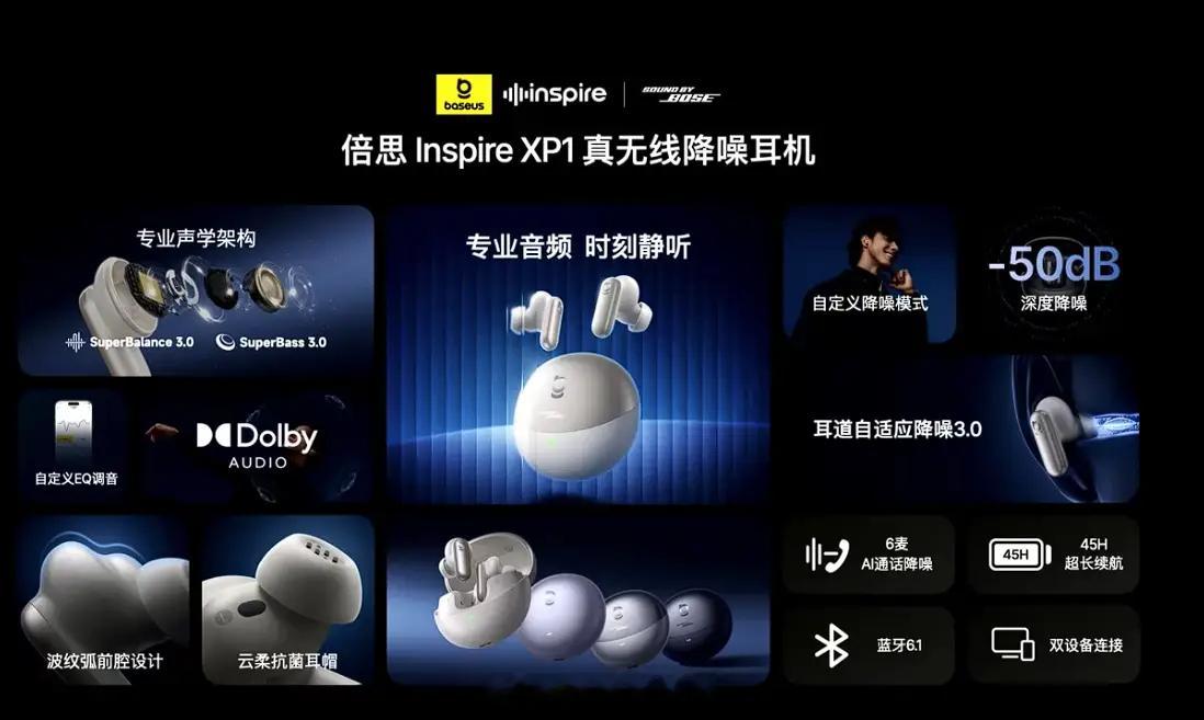 第三款为倍思InspireXP1  旗舰级真无线降噪耳机。搭载 Sound by