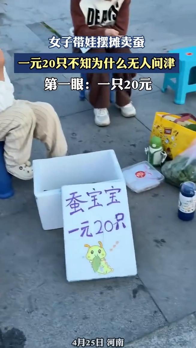 女子带娃摆摊卖蚕，一元20只不知为什么无人问津。第一眼：一只20元。
4月25日