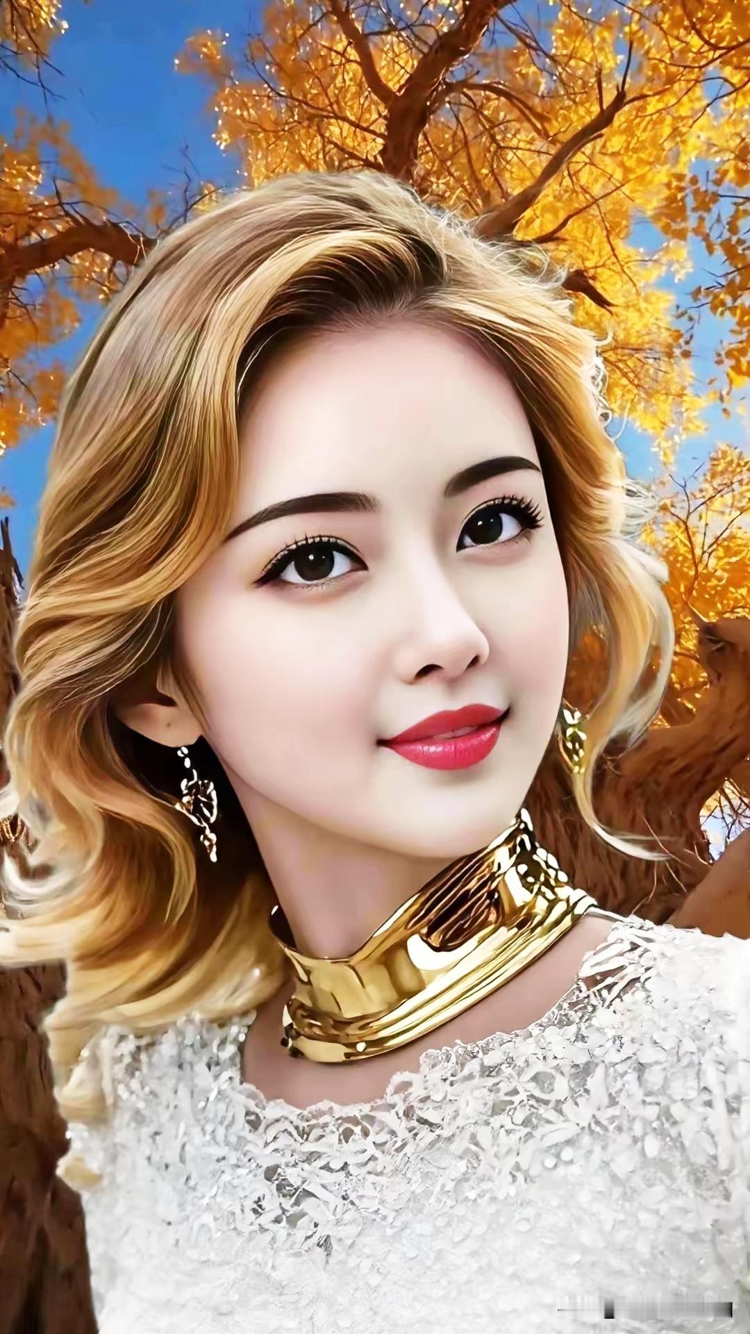 秋日暖阳下的优雅金发美人，金色项链闪耀夺目。