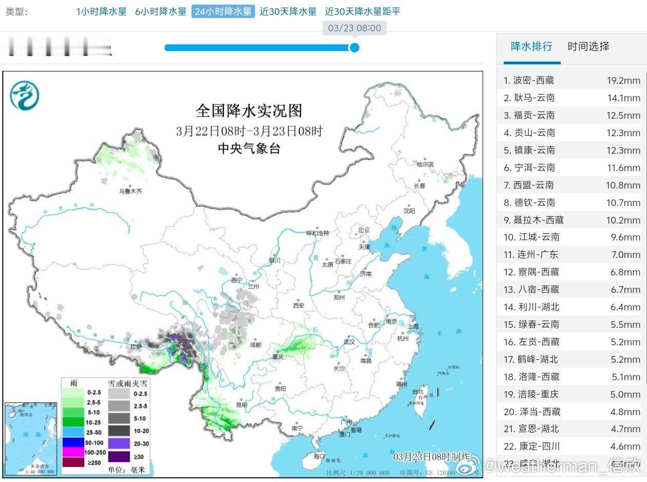 【雨雪】昨天到今晨，我国降水主要还是在西南地区，另外新疆北部雨雪也有所增多。导致