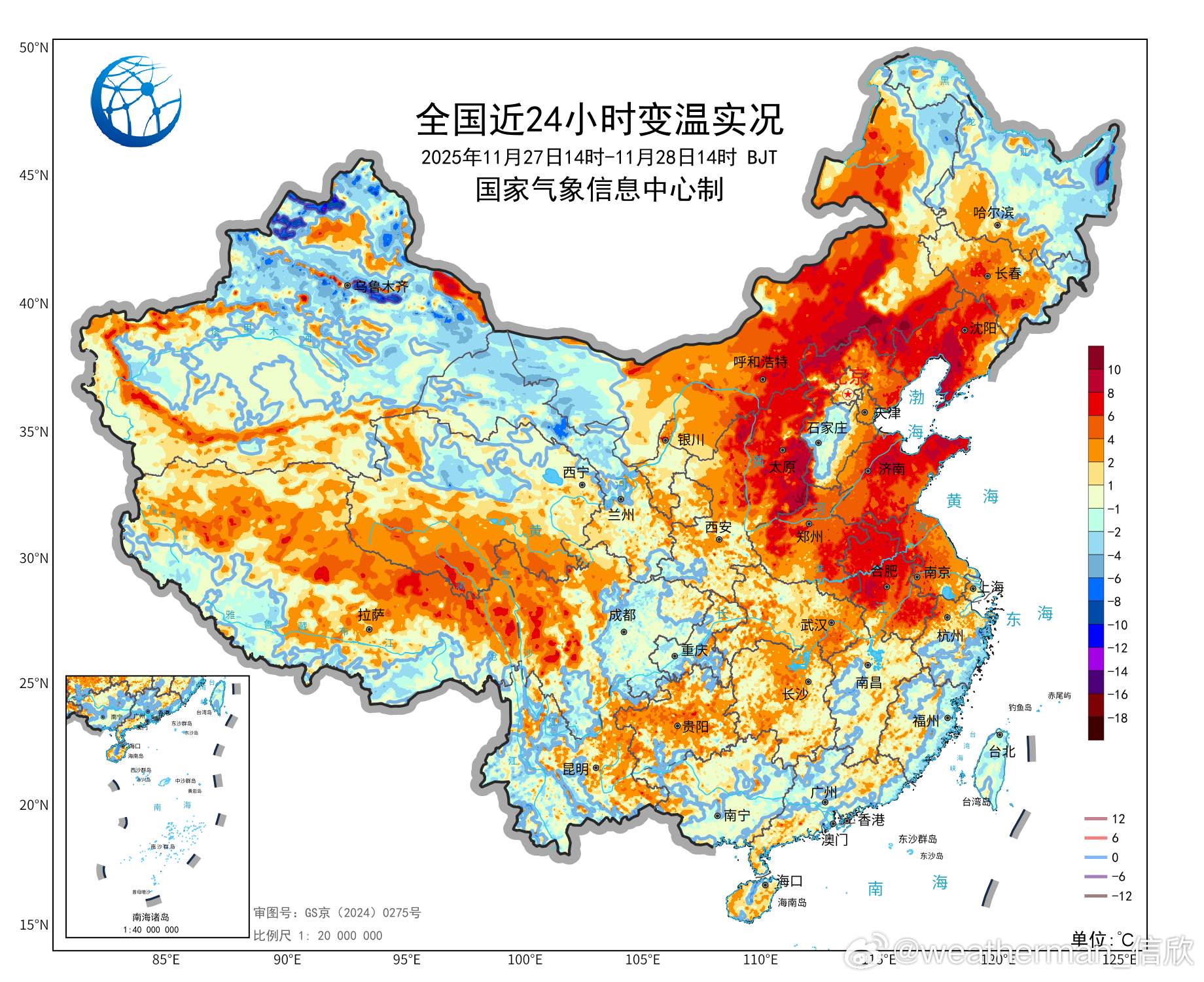 【升温】今天在冷空气过后，东北华北黄淮等地气温回升。山西陵川升10.4℃、内蒙古