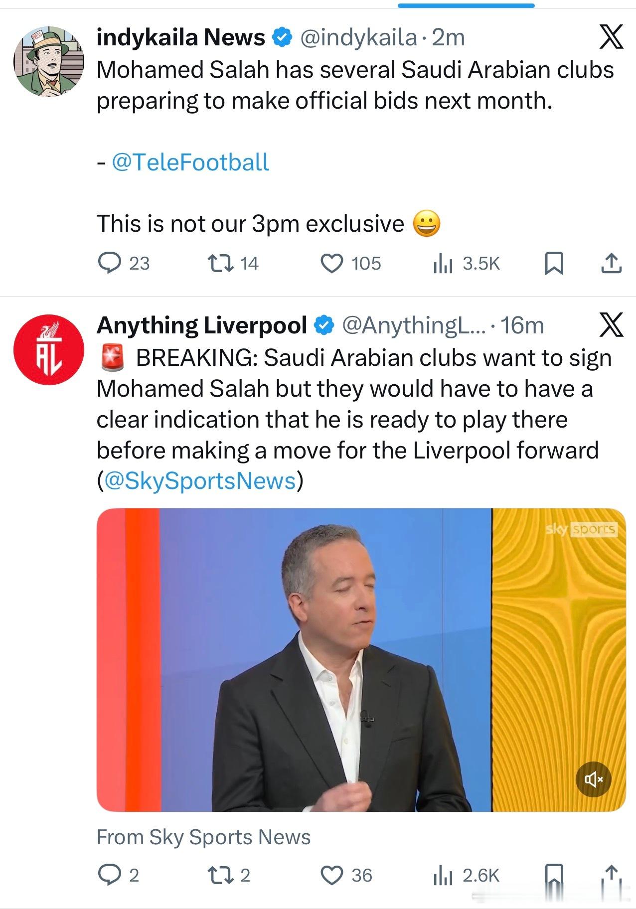 反正就是开始预热萨拉赫去沙特的消息了….沙特那几支有钱的都想要萨拉赫。天空体育的