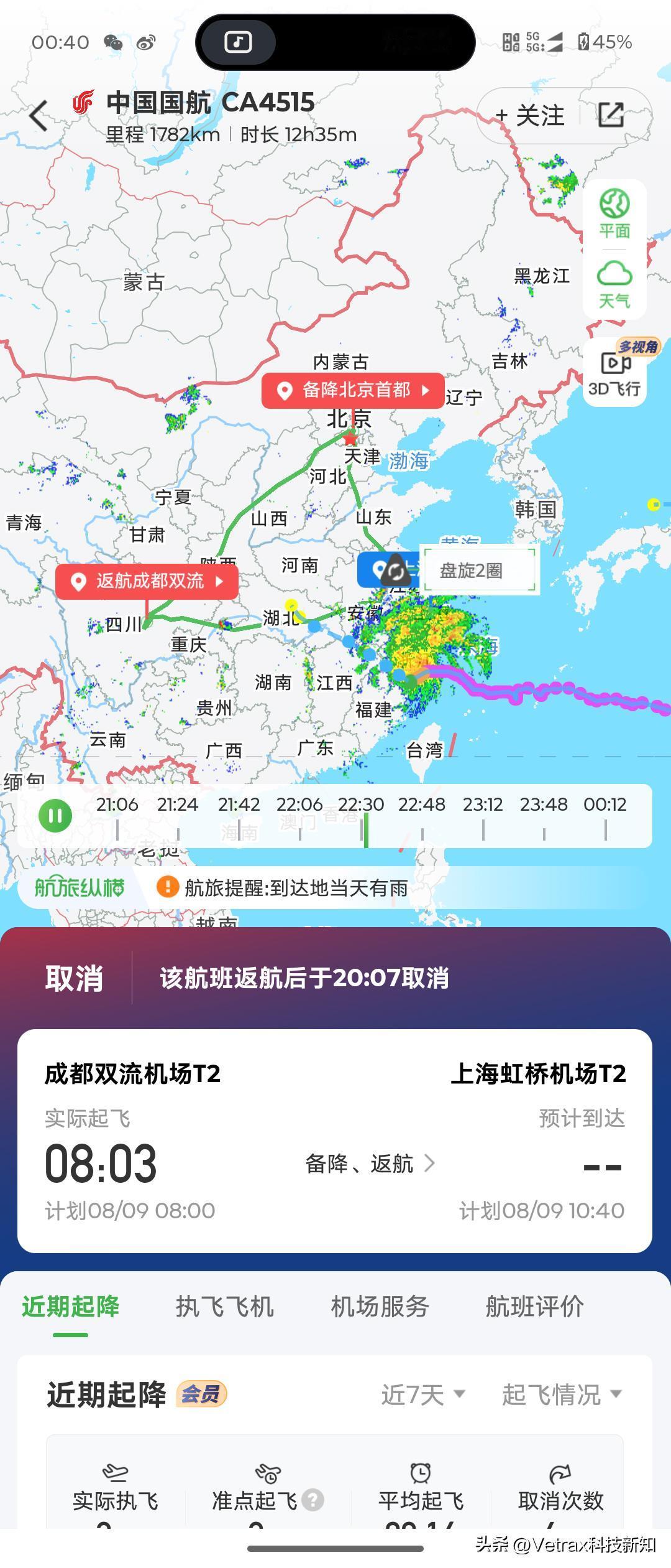 受 台风白海豚 影响的最离谱航班出现了：8 月 9 日的国航 CA4515：双流