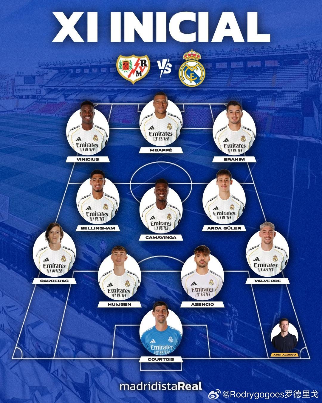 皇马公布今晚客战巴列卡诺首发，迪亚斯首发，巴尔韦德踢右后卫，罗德里戈与阿诺德替补