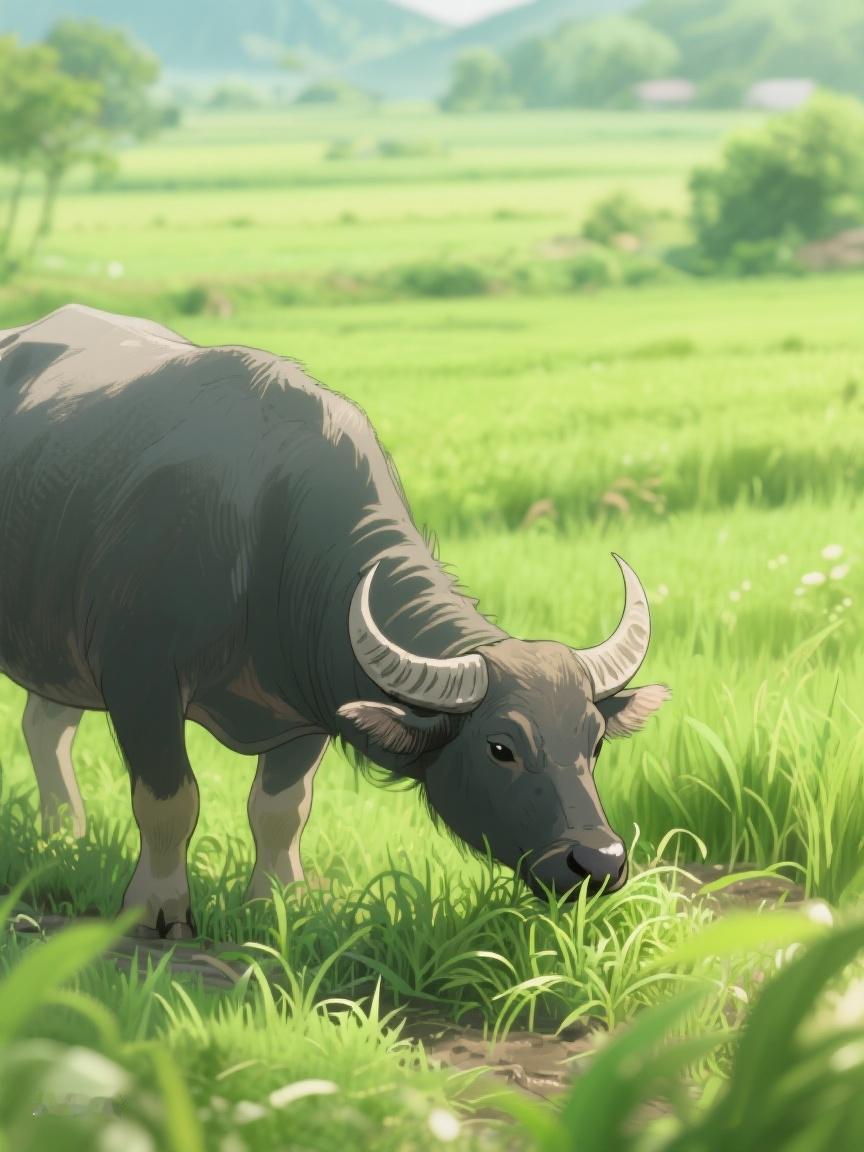 AI妙生图在广袤绿野，水牛静静咀嚼时光，于平凡处觅得生活本真之味，悠然且安然。