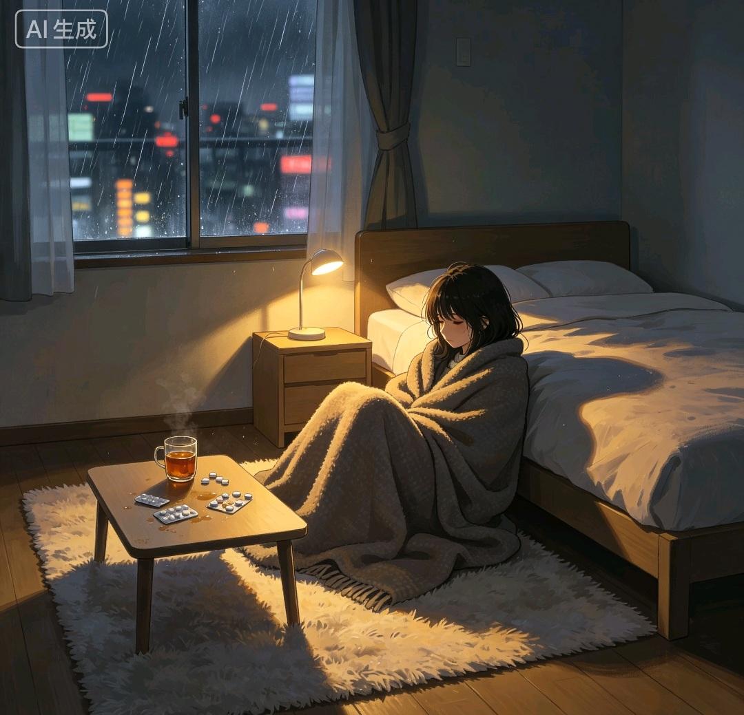 雨下个不停，天气陡然变冷，脑袋一阵阵发疼。吃下药物，身体的难受减轻了不少，可低落