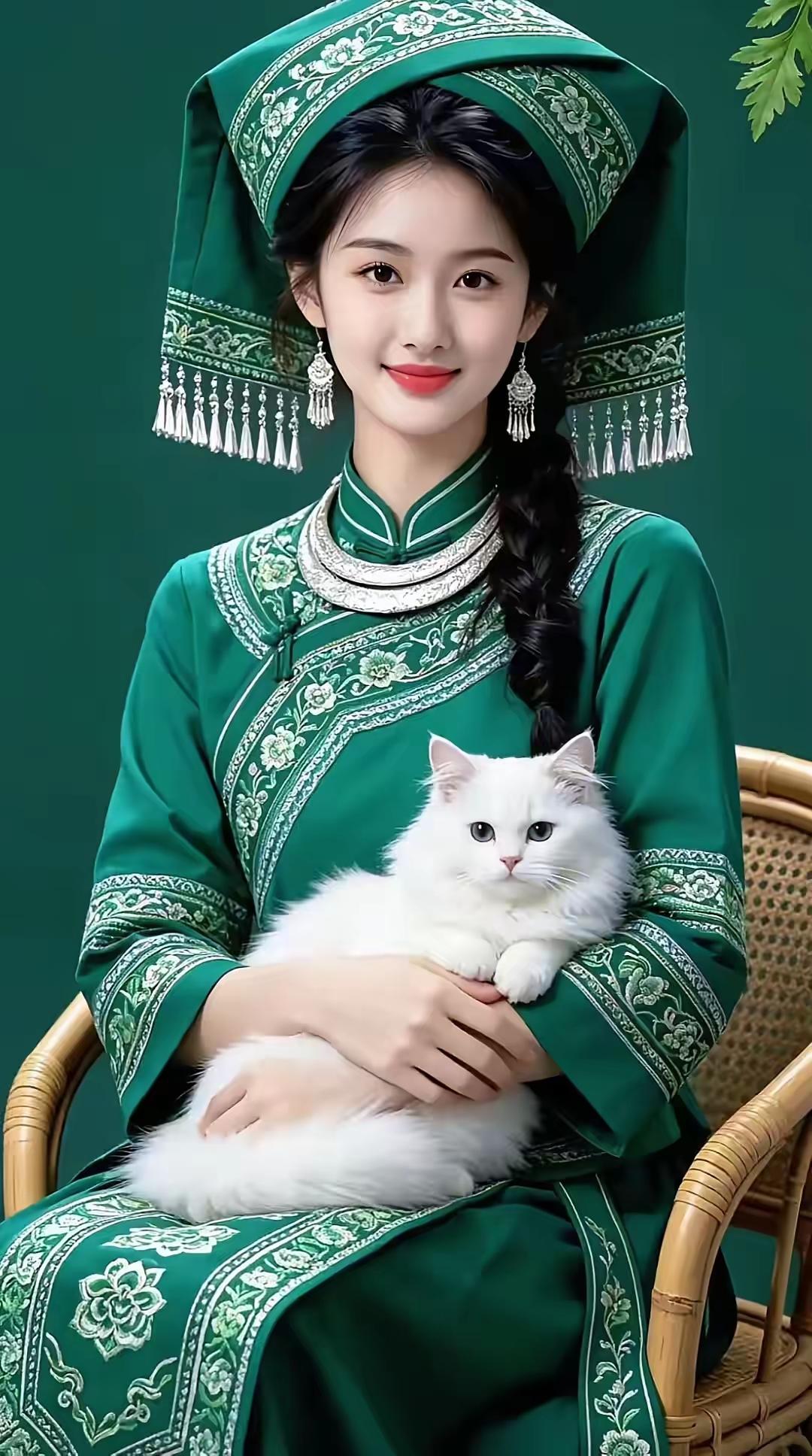 古风美人与白猫相依，传统服饰尽显优雅韵味。
