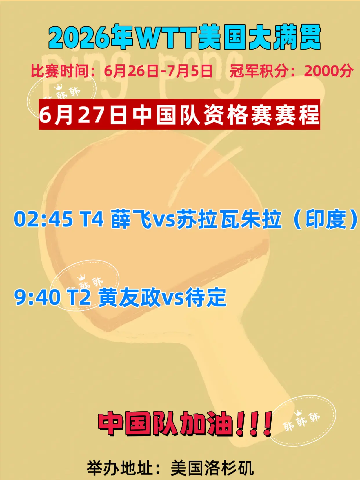 美国大满贯资格赛。6月27日中国队资格赛赛程 中国队加油