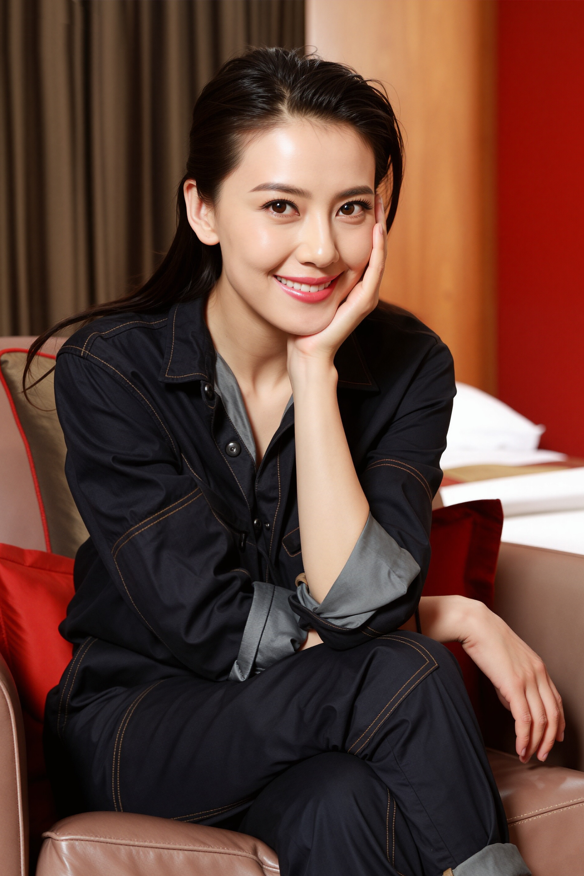 高圆圆 早上好 这张托腮浅笑的状态，刚好是“用脑卫生”的鲜活范本✨。松弛的姿态、