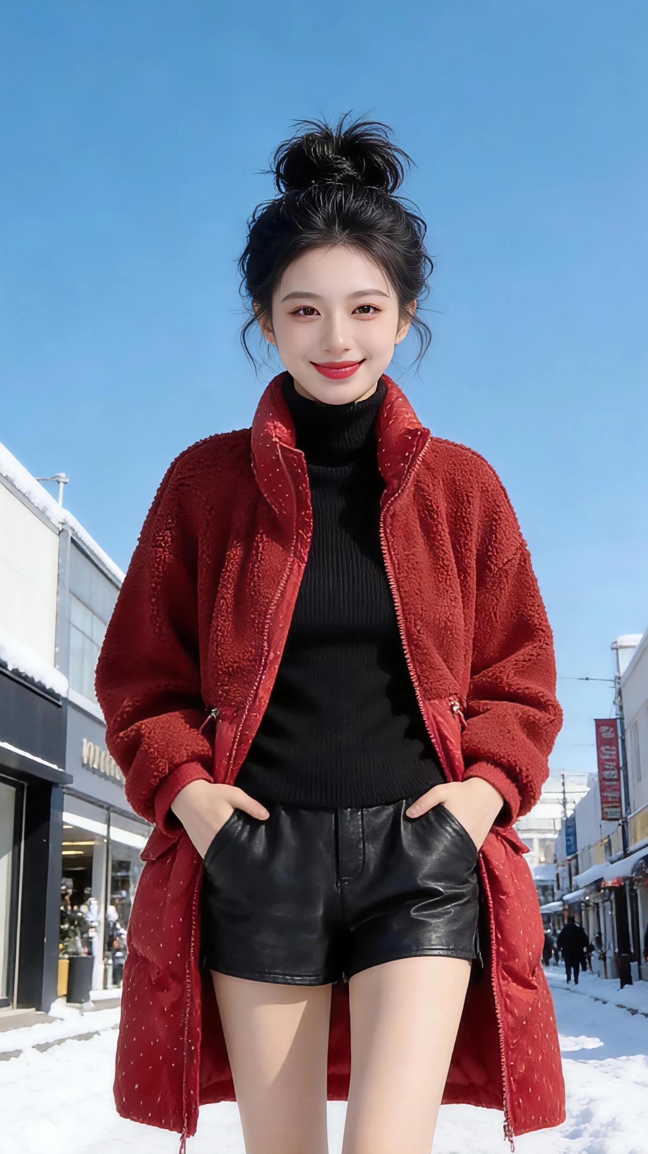 雪日红裳
 
冬日的街头被白雪裹了层绵软的糖霜，澄澈的蓝天像块刚擦拭过的琉璃，把