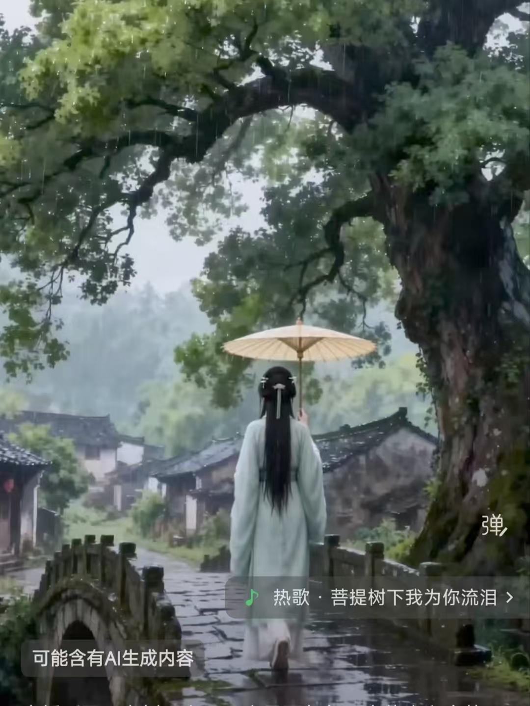 天净沙.古桥听雨 
古桥听雨疏，
老树凝眸观心。
俗世风尘来去，
守心清净，
人