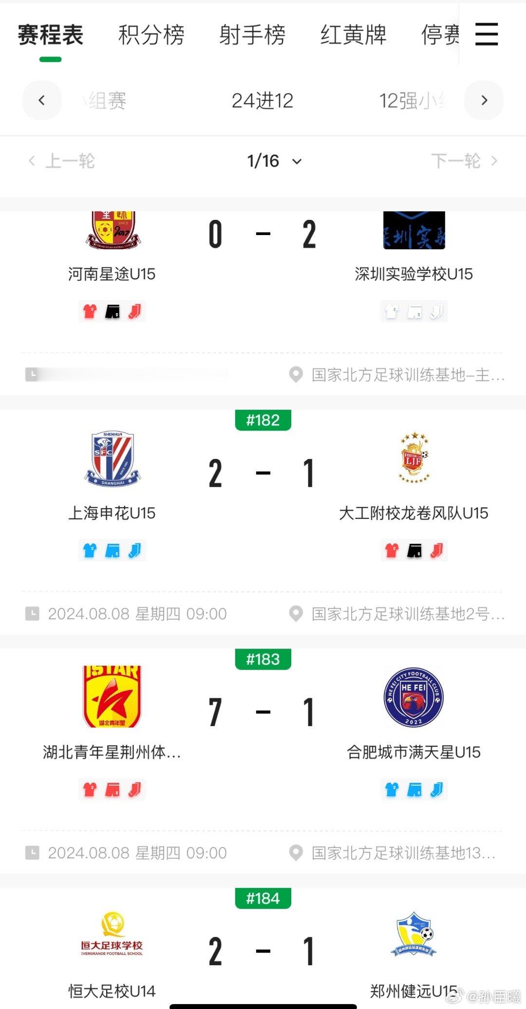中青赛U15组24进12:深圳实验、上海申花、湖北青年星、恒大足校U14、山东泰