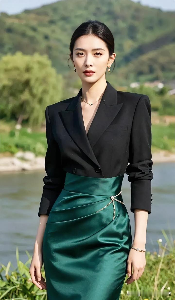 青山绿水间，她静立如诗。黑色西装修饰干练风骨，墨绿长裙摇曳温婉柔情。那份从容与坚