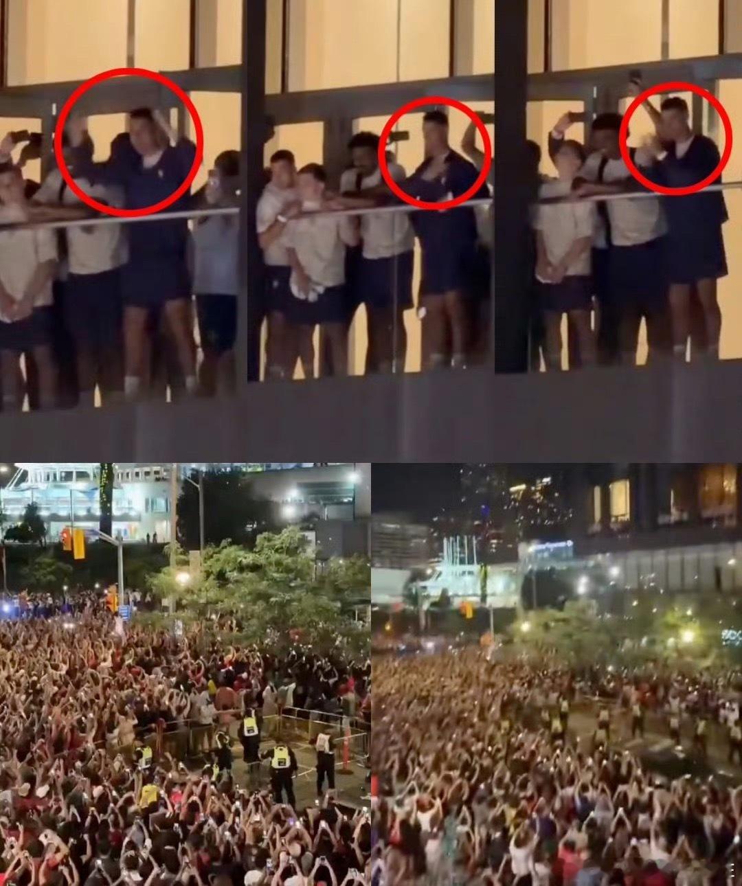 葡萄牙2-1险胜克罗地亚晋级16强后，C罗在多伦多驻地酒店阳台现身。楼下瞬间爆发