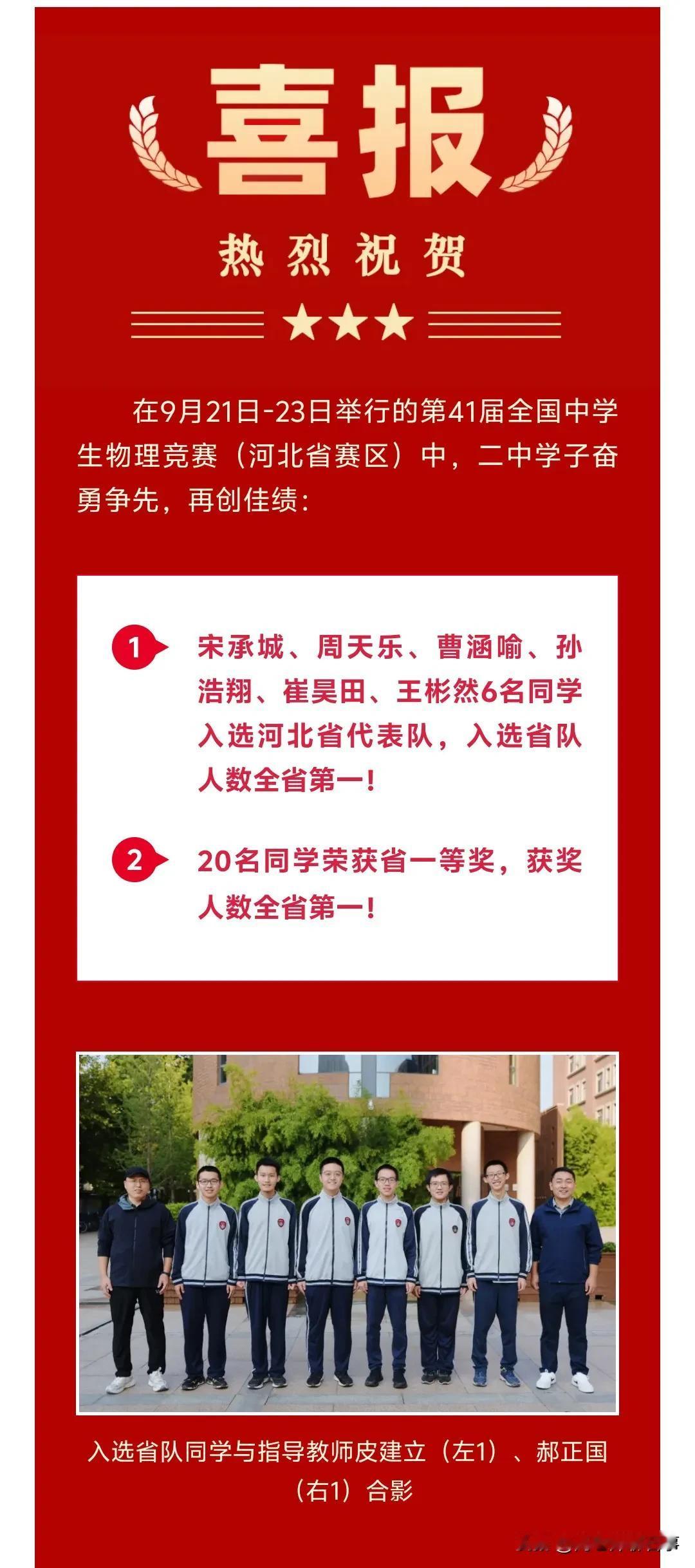 石家庄二中又拿了全省第一！这两天，第41届全国中学生物理竞赛中河北省一等奖名单公