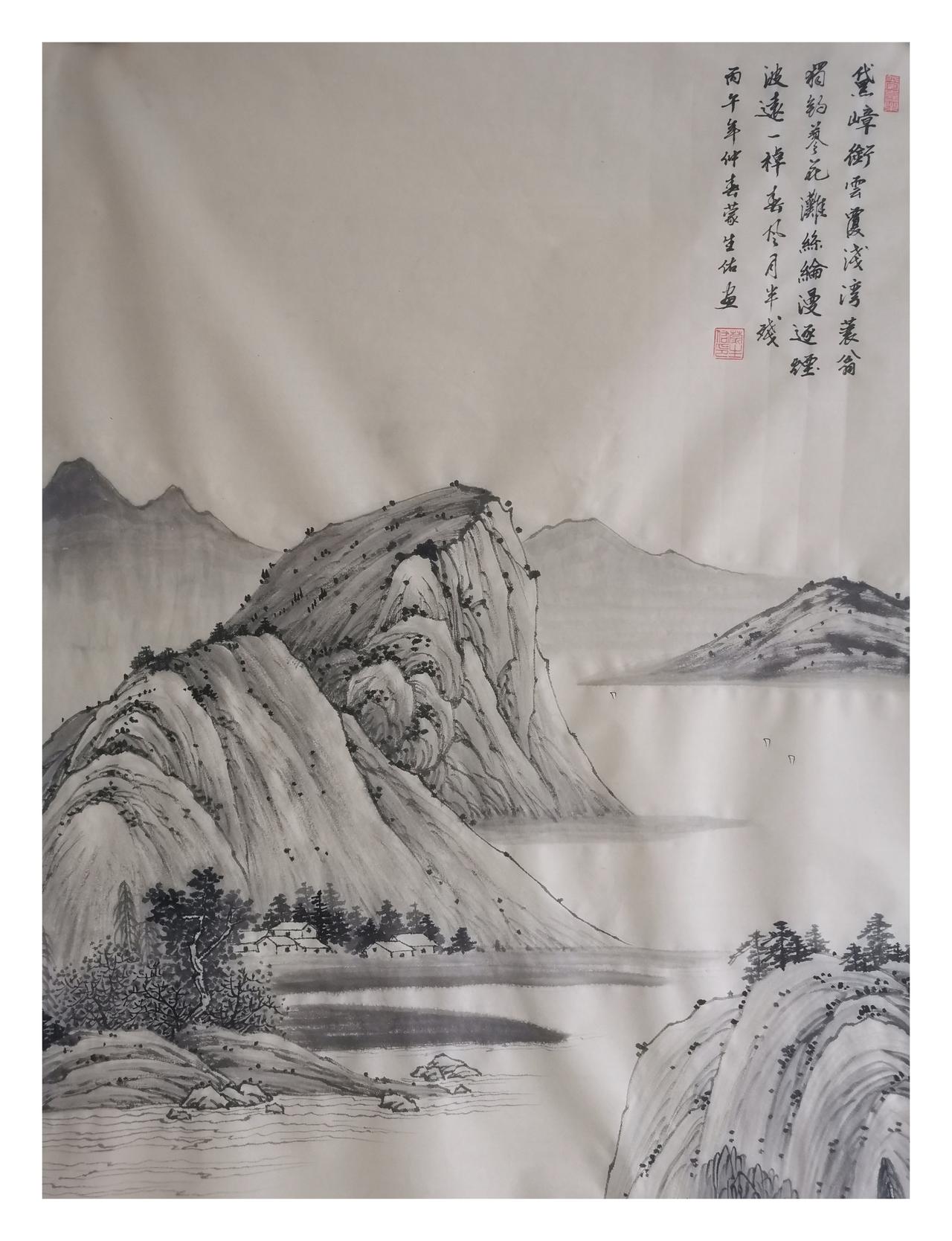 中国山水画作品欣赏：传统水墨山水画
尺寸：四尺（138x68）
纸本仿古生宣宁静