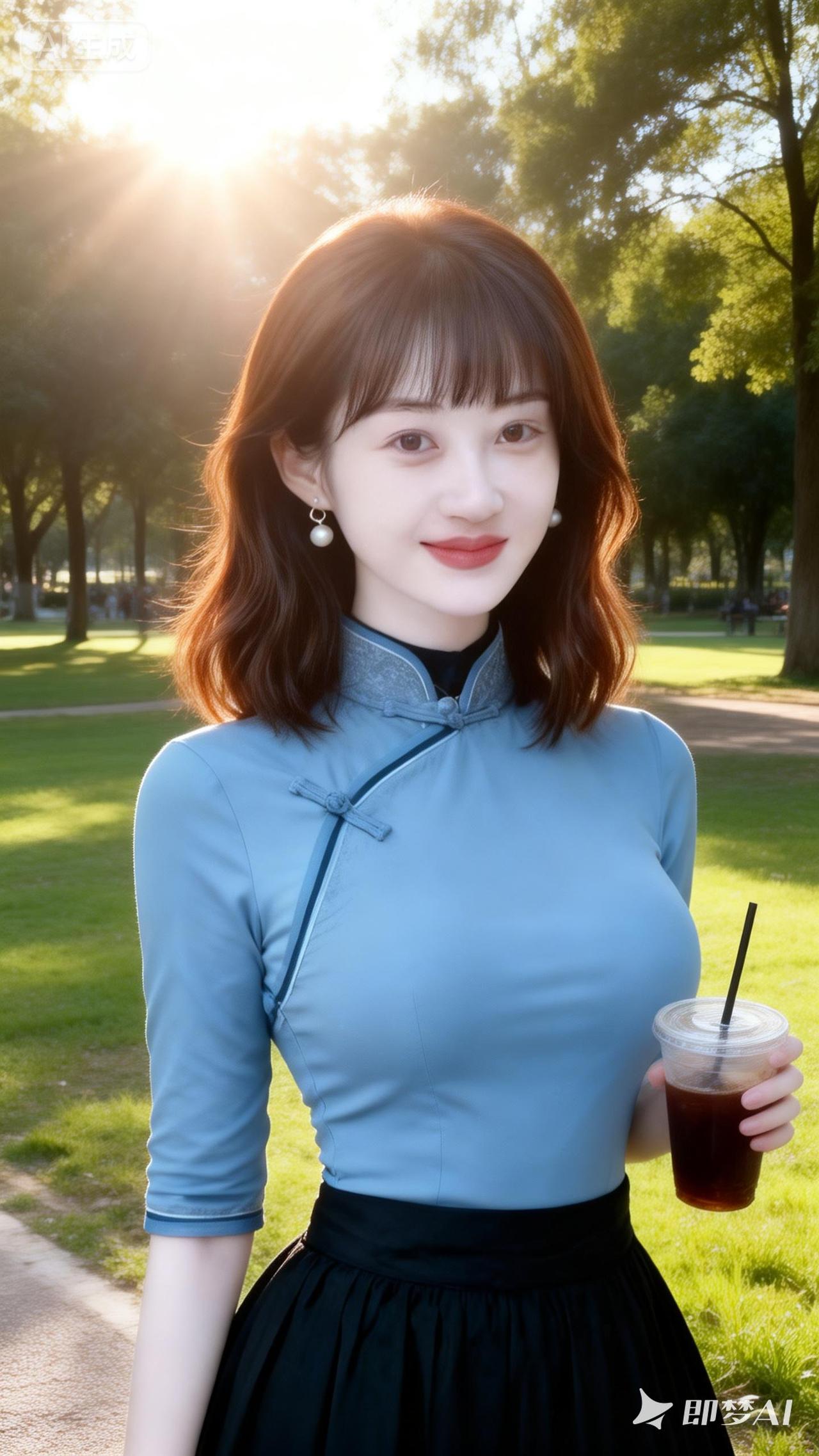 阳光下的清新少女，蓝裙黑裙搭配，手拿奶茶，元气满满！🌞💕