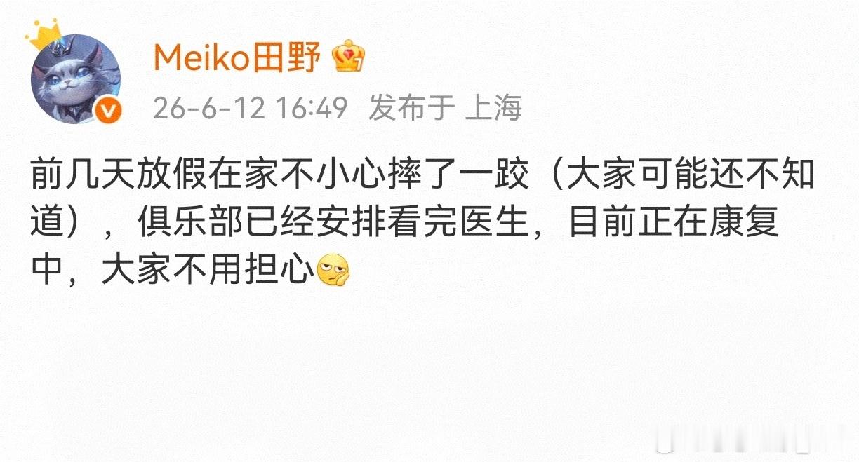 iG俱乐部公告：Meiko（田野）放假在家滑倒导致手臂受伤，已及时就医。目前伤情