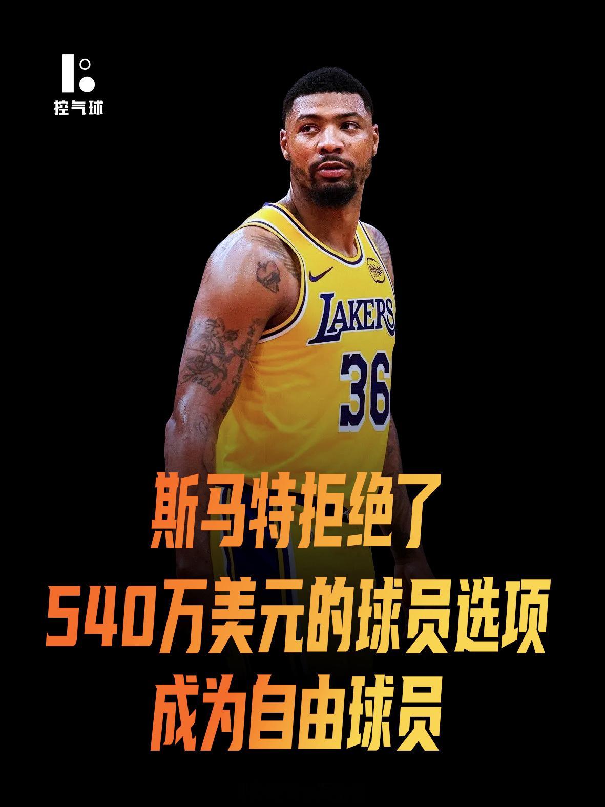 湖人队后卫马库斯·斯马特拒绝了540万美元的球员选项，将成为自由球员 