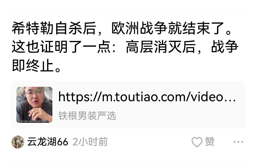 有人说，希特勒死了，战争就结束了。表面上看是的，德国当时还有几百万军队呢。日本也