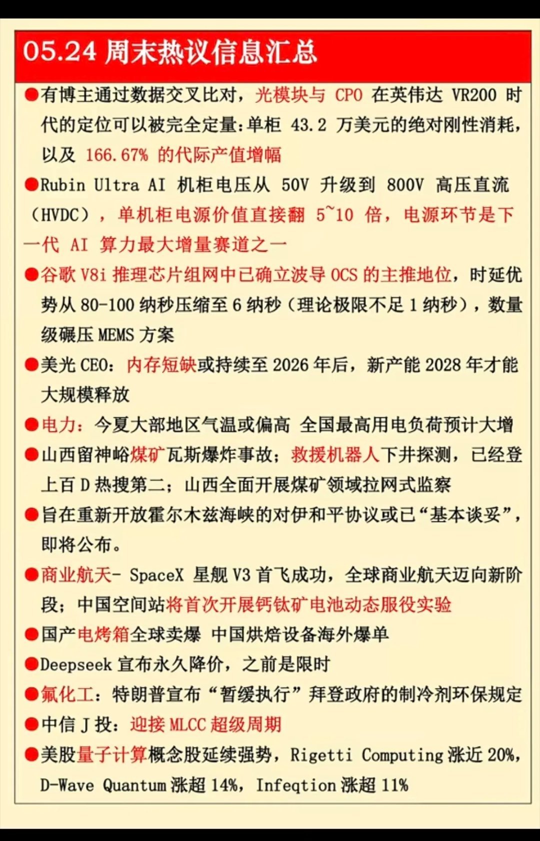 5.24周日  晚间  财经信息汇总！1.光模块与CPO2.单机柜电源，电力3.