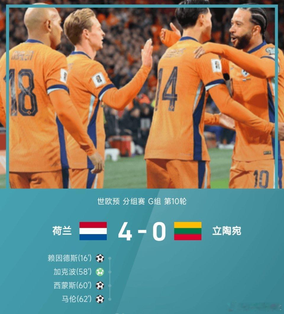 26赛季世欧预分组赛G组第10轮，荷兰主场以4-0大胜立陶宛。赖因德斯和加克波相