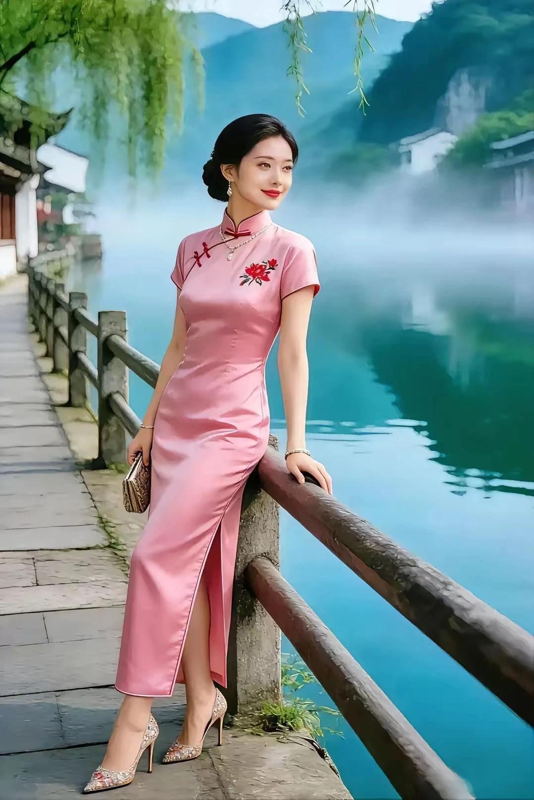 江南佳景
旗袍轻倚柳烟柔，
碧水青山入眼收。
艳蕊襟前添妩媚，
遥望归来一轻舟。