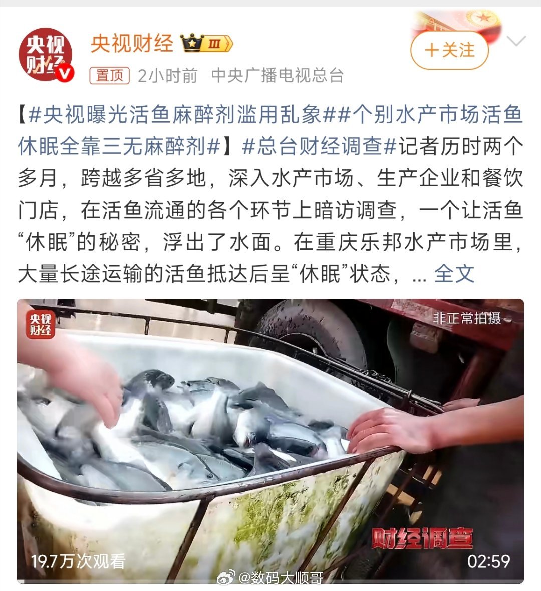 央视曝光活鱼麻醉剂滥用乱象 央视一曝光才知道，平时吃的活鱼，可能一路都泡在三无麻