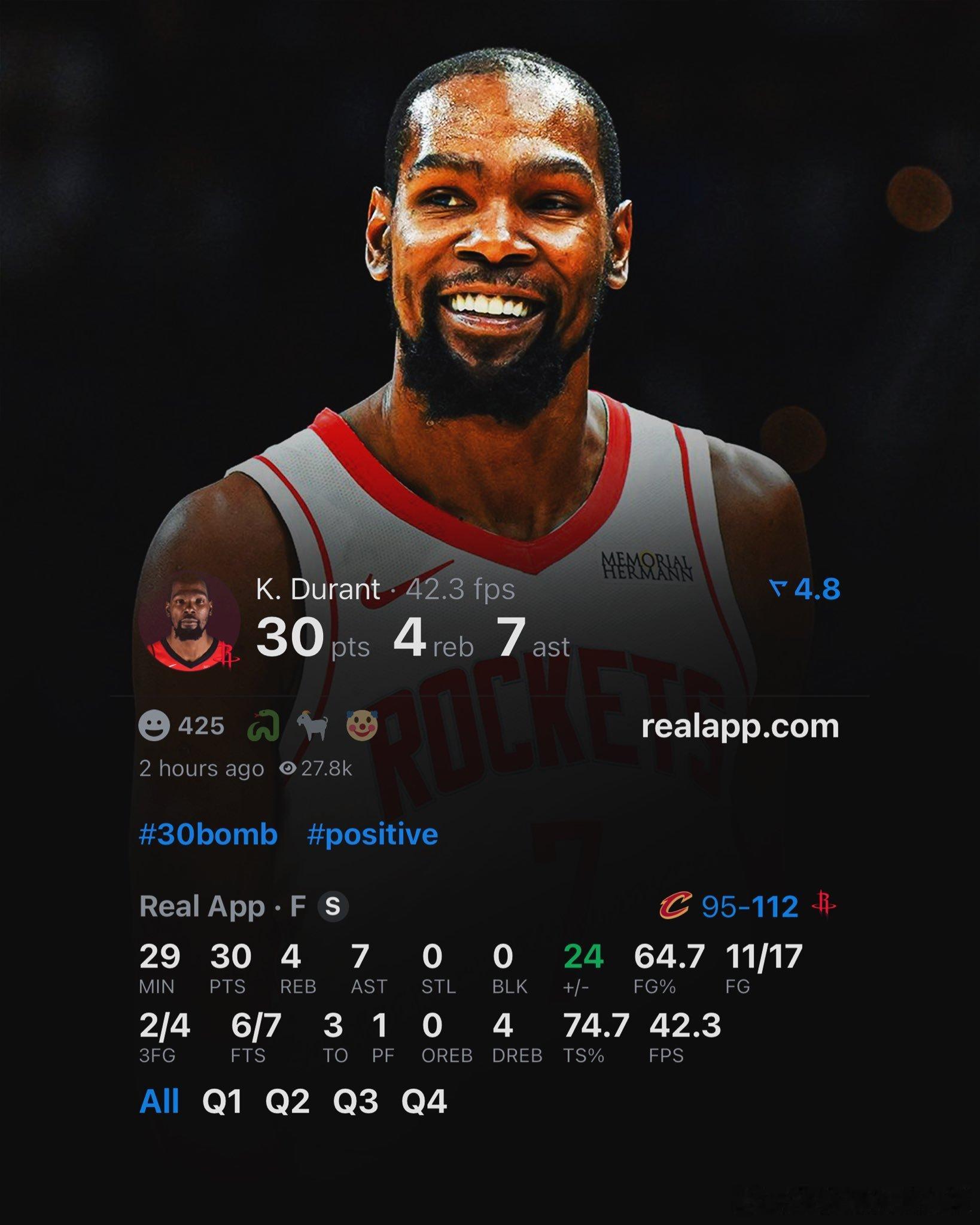 今天的老杜：17中11，砍下30分4篮板7助攻，三节打卡！骑士vs火箭