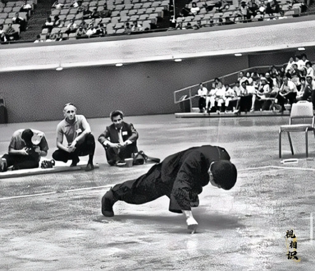 1964年8月，24岁的李小龙正在做单手二指俯卧撑的场景，当时他受邀出...