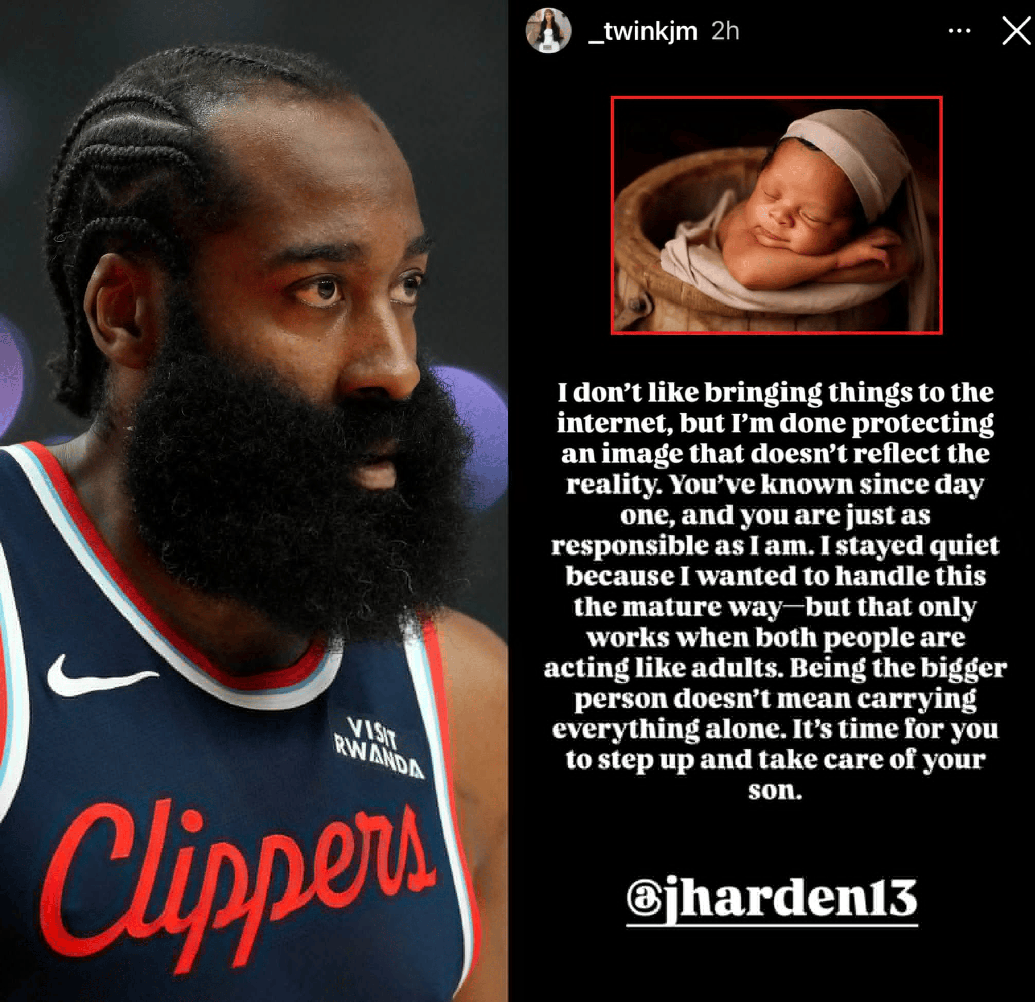 一女子Ins发文点名哈登：该站出来，照顾你的儿子了