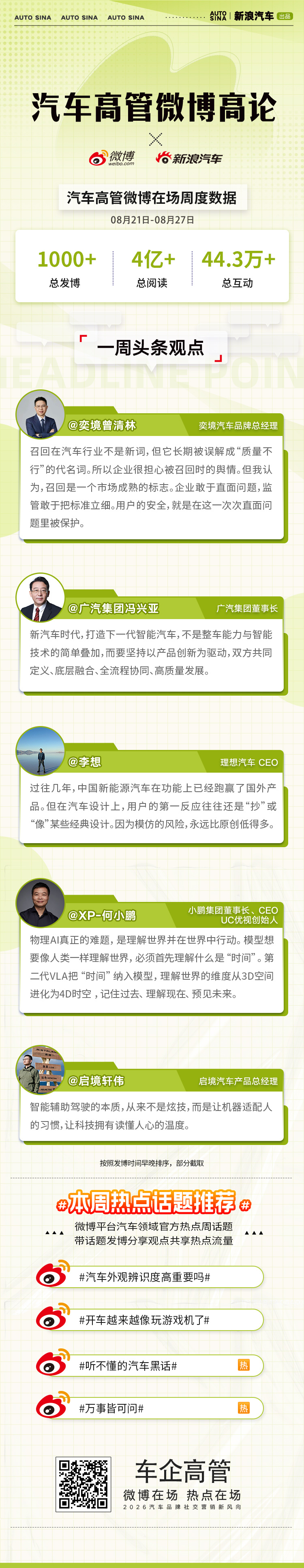 以技术深度守护出行温度，让每一步都踏实而从容。汽车高管微博高论，省流速览微博一周