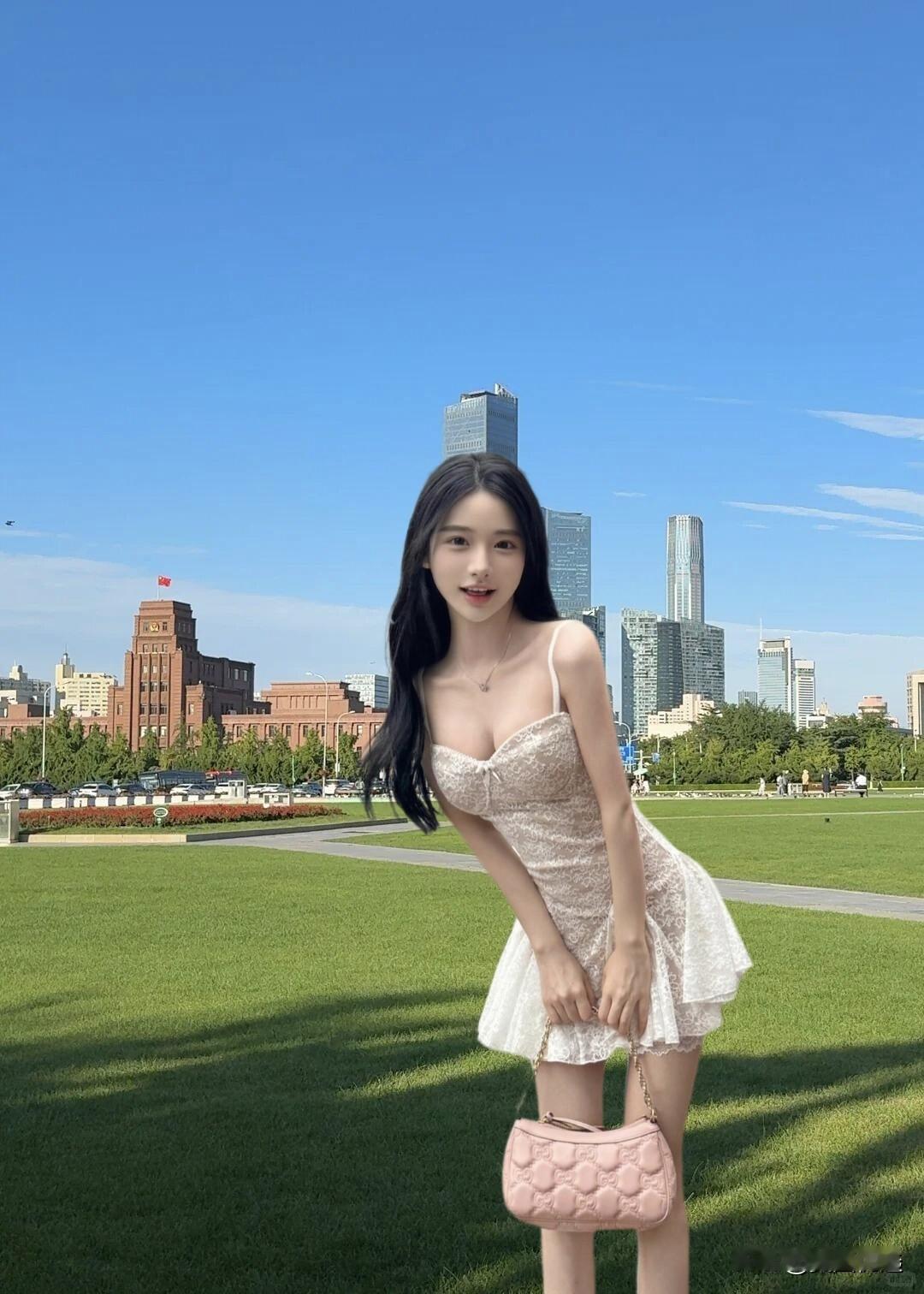 都市绿洲，时尚少女，手提包与城市天际线相映成趣。