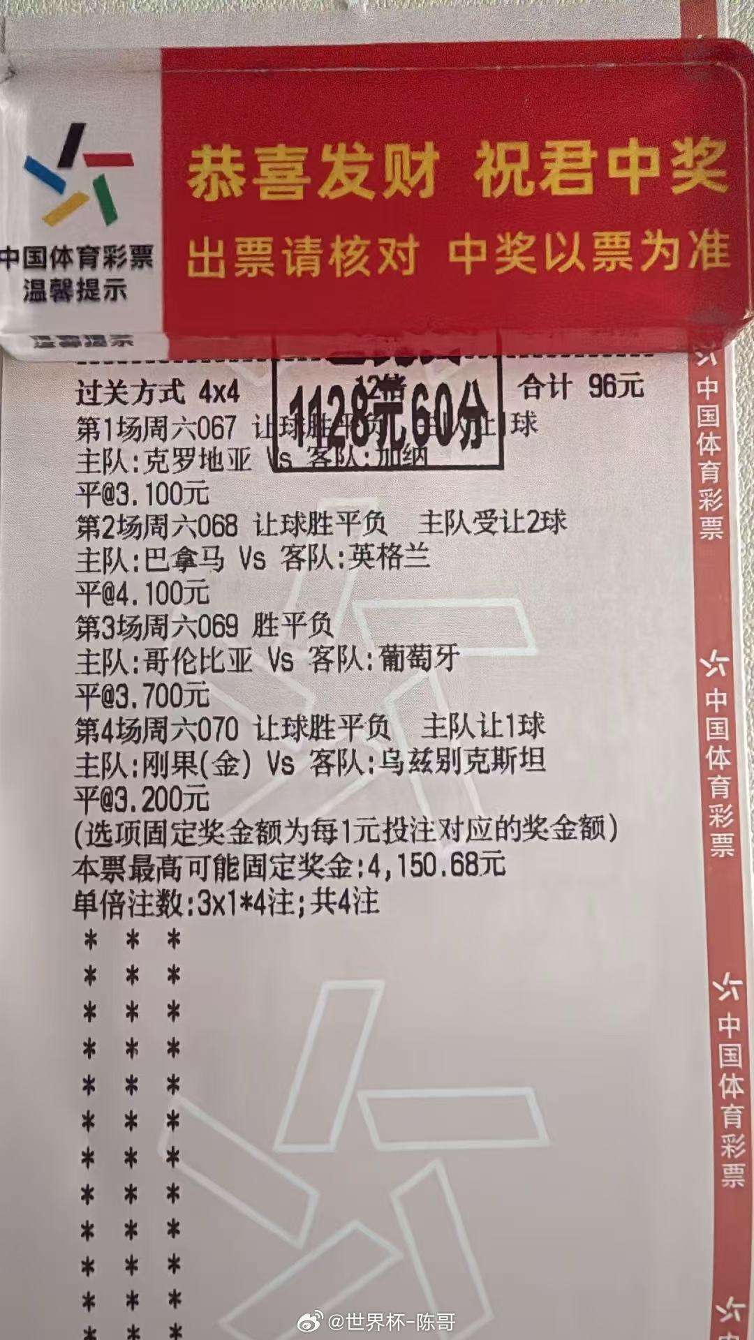 昨日世界杯结束四场，陈哥V+看好的四场全√，大满贯来袭！！！看好的克罗地亚小胜让