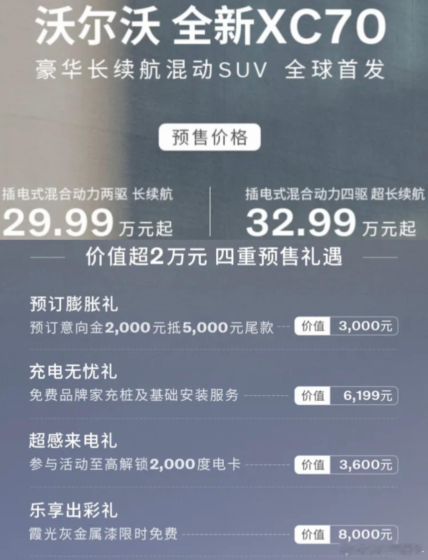 沃尔沃全新xc70 开启预售，售价29.99万元（两驱长续航）和32.99万元（