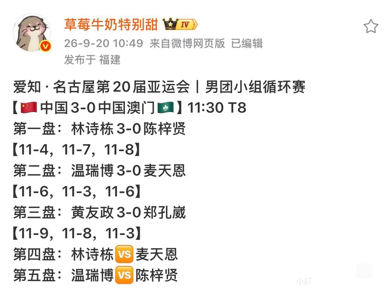 亚运会男团小组循环赛 恭喜中国男团3:0卡塔尔，王楚钦 林诗栋 向鹏一局未失！