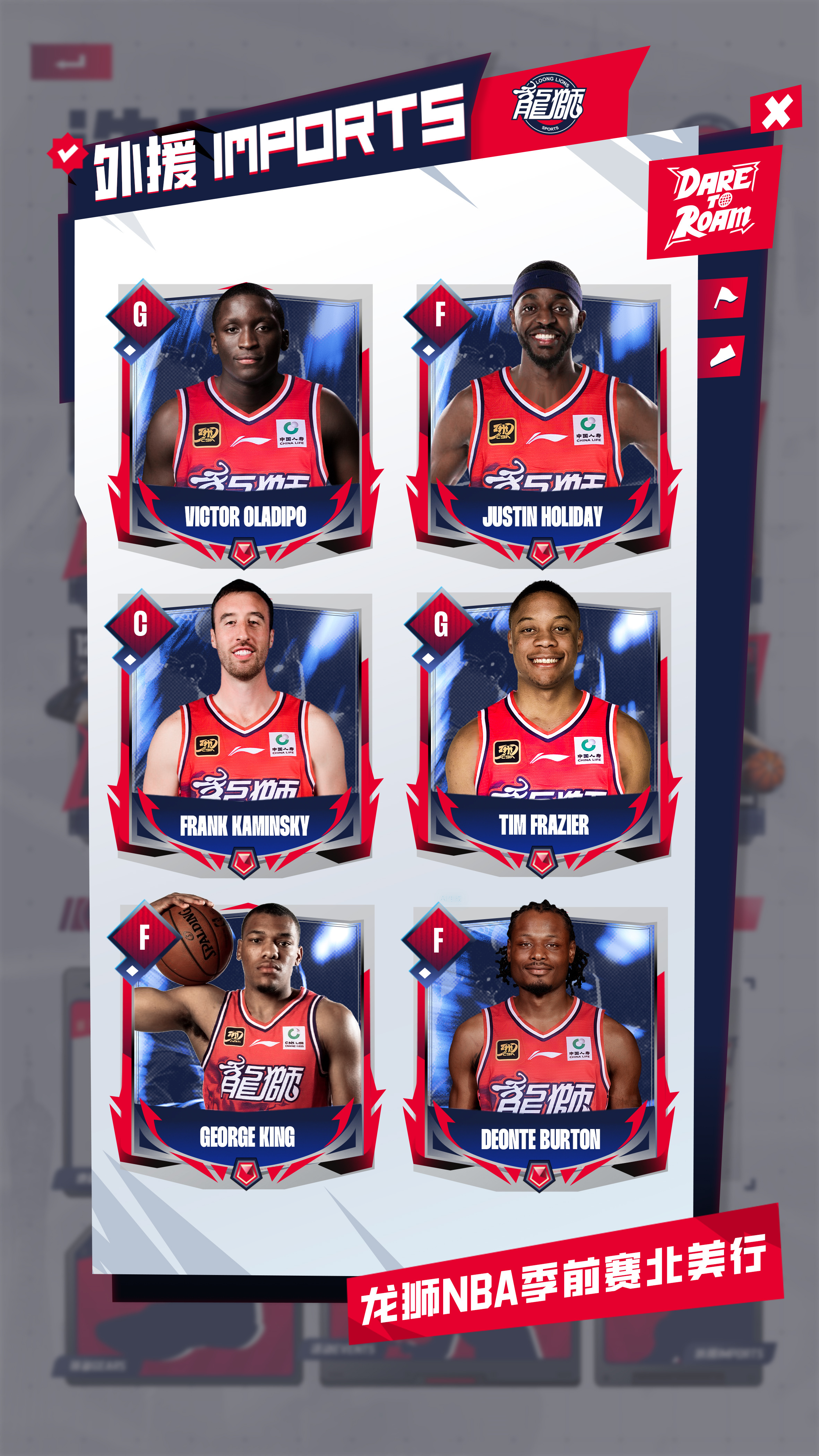 龙狮晒出了自己NBA季前赛的6名外援，奥拉迪波在列。参加NBA季前赛的海外球队经