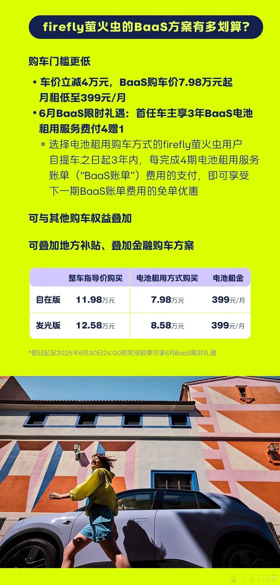 萤火虫推出 BaaS 电池租赁购买方案了：车价减 4 万，月租 399 元起。B