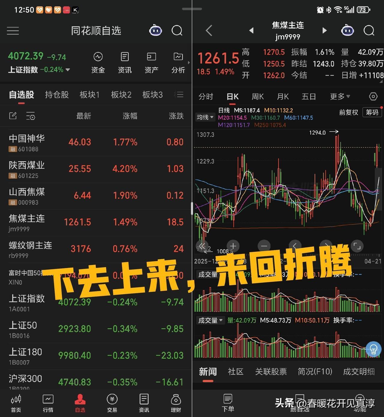 前聊天聊到焦煤的走势，现在一直在来回折腾，如果看周线图就非常明显，在两条均线之间