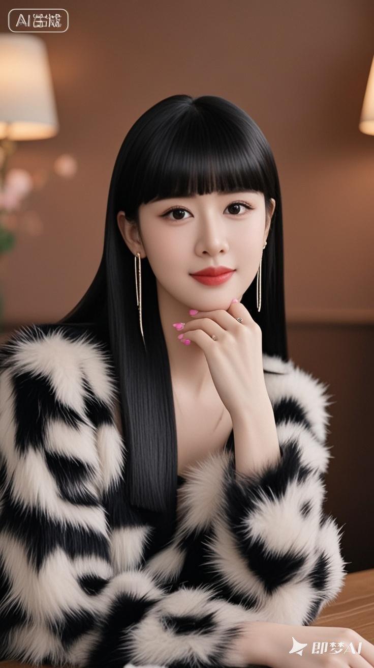 一位有着乌黑齐刘海中长发的女性，发丝柔顺且黑亮。她妆容精致，眼眸明亮有神，唇色是