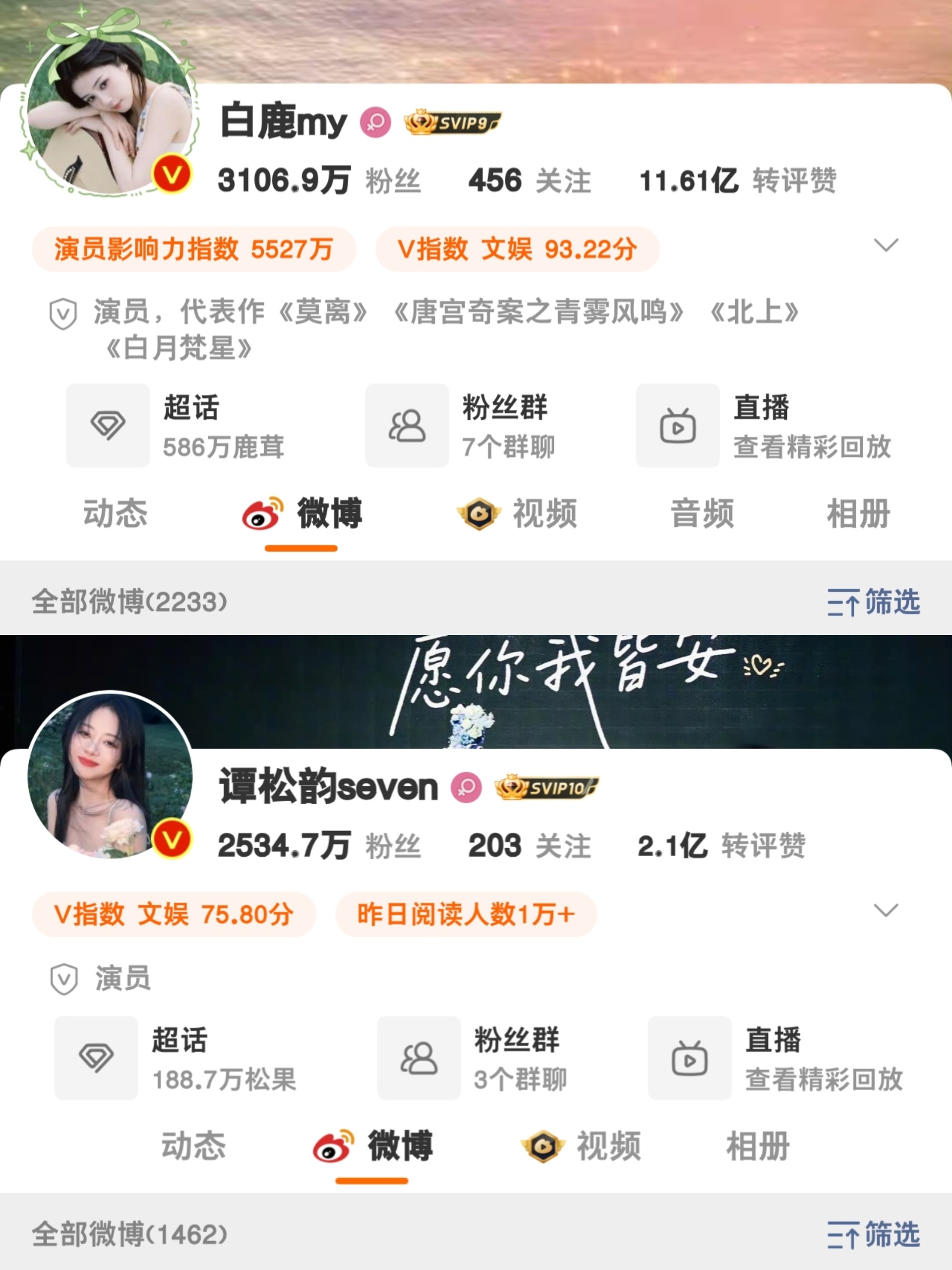白鹿与谭松韵主页震撼对比 